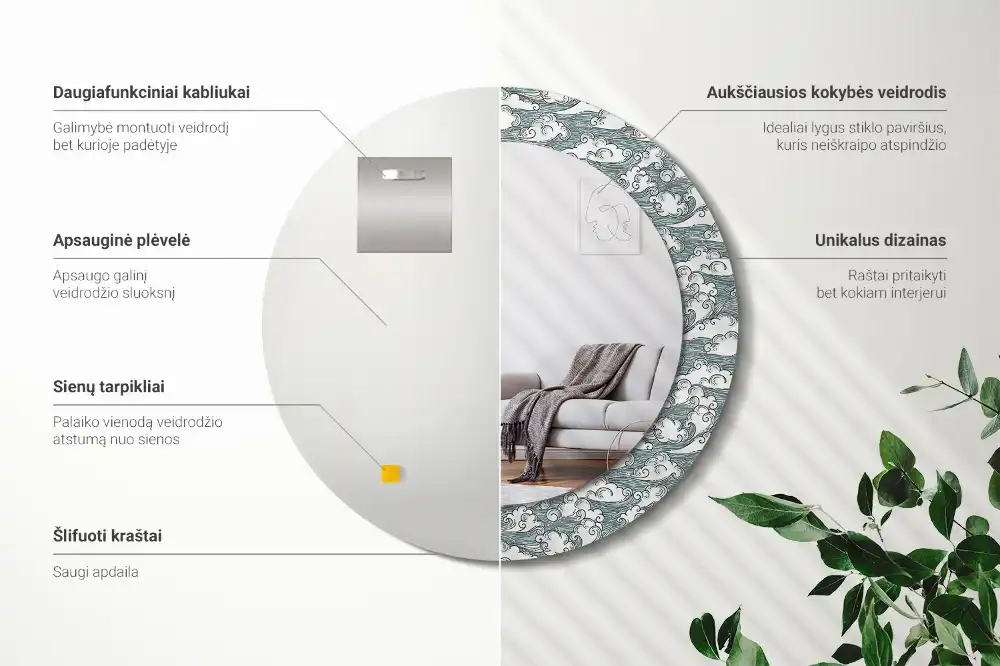 Rund spegel med tryckt Moln