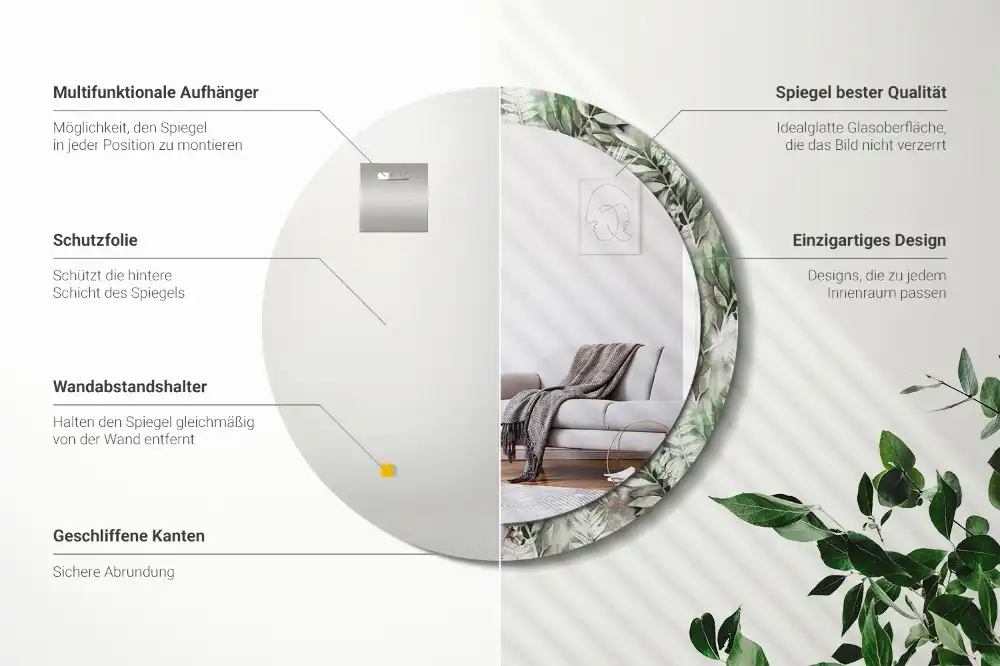 Rund spegel med tryckt ram Akvarell blad