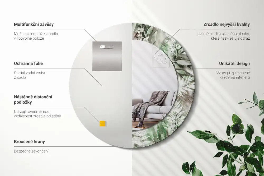 Rund spegel med tryckt ram Akvarell blad