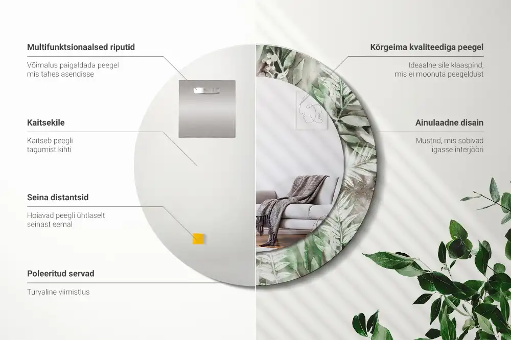 Rund spegel med tryckt ram Akvarell blad