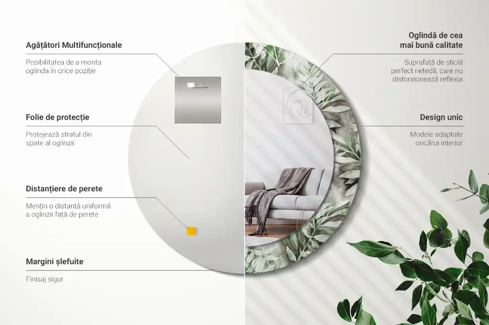 Rund spegel med tryckt ram Akvarell blad