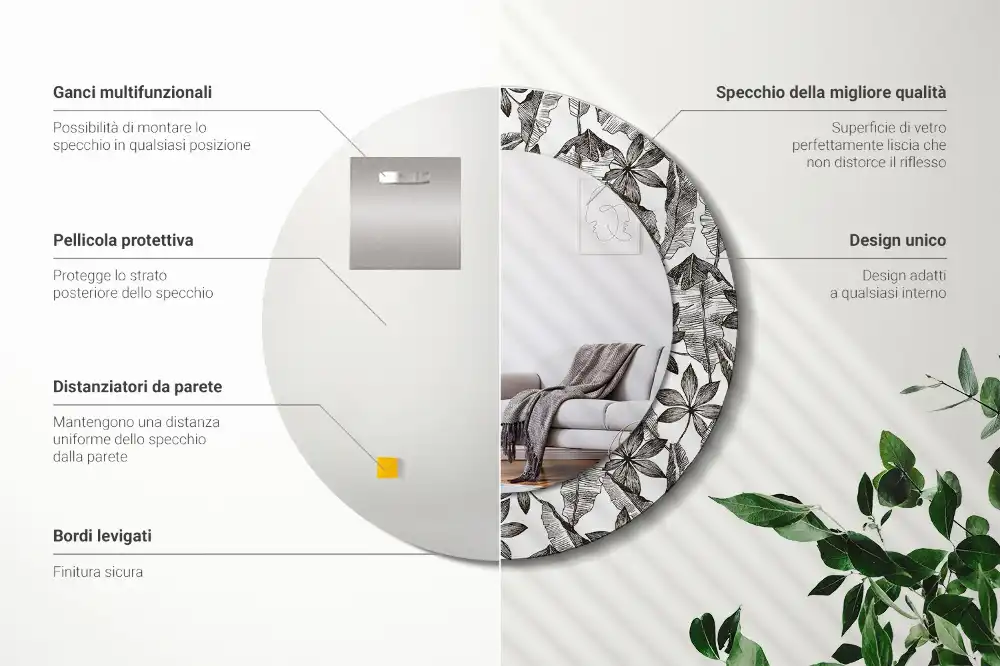 Rund spegel med tryckt Tropiska löv