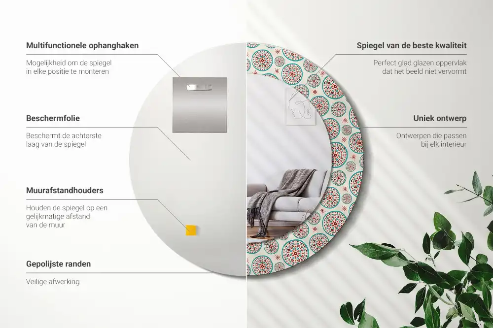 Rund spegel med tryckt ram Boho mönster