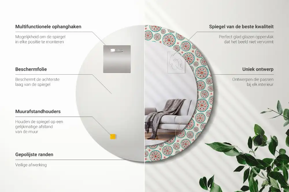 Rund spegel med tryckt ram Boho mönster