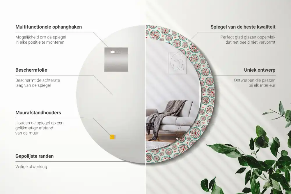 Rund spegel med tryckt ram Boho mönster