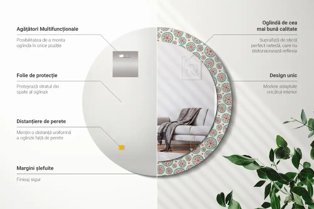 Rund spegel med tryckt ram Boho mönster