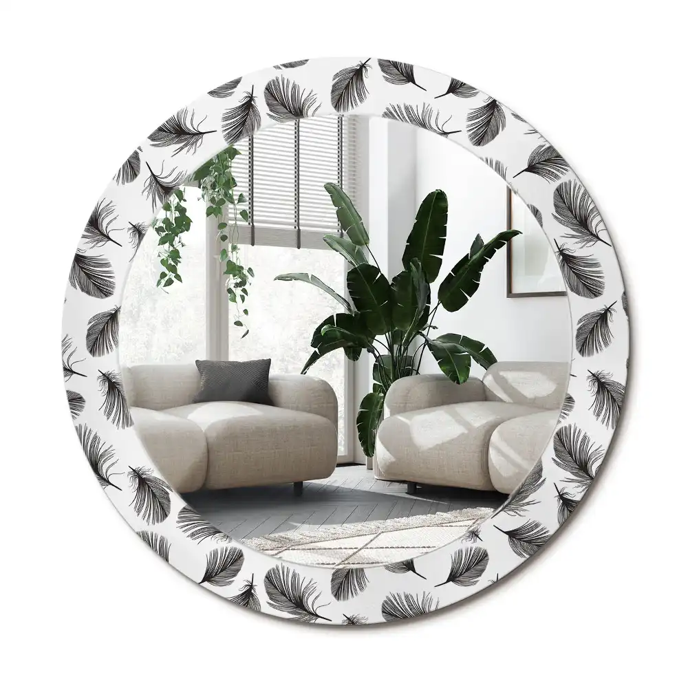 Rund spegel med tryckt ram fjädrar