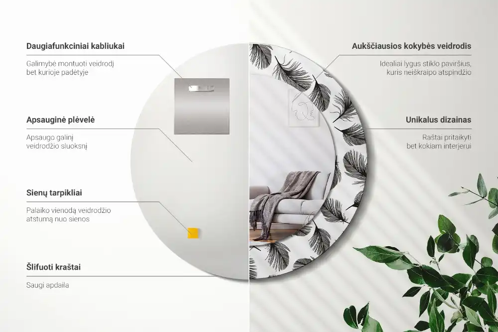 Rund spegel med tryckt ram fjädrar