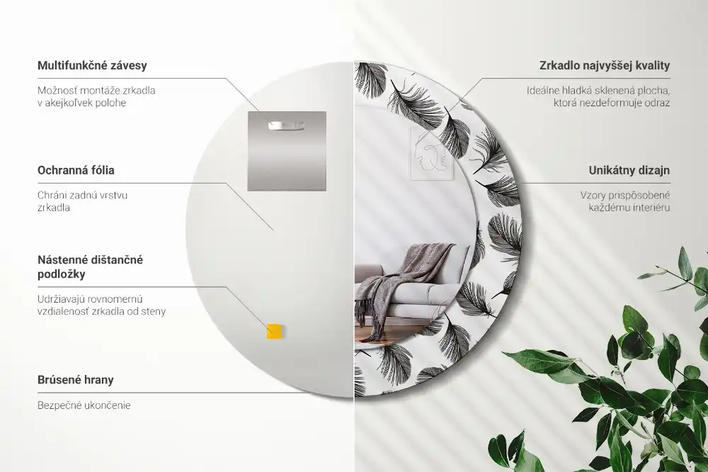 Rund spegel med tryckt ram fjädrar