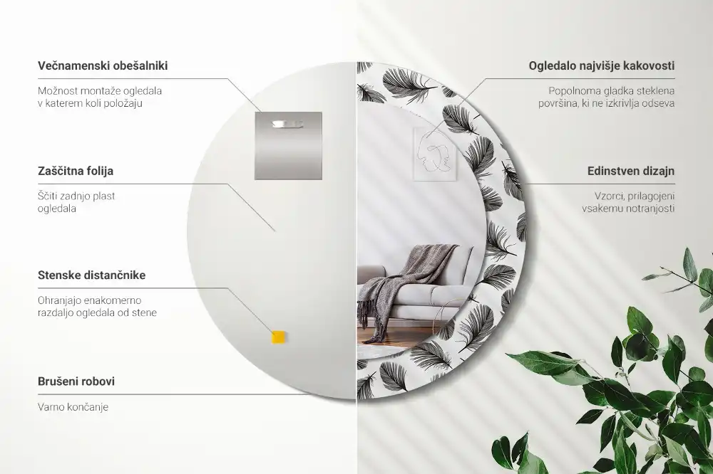 Rund spegel med tryckt ram fjädrar