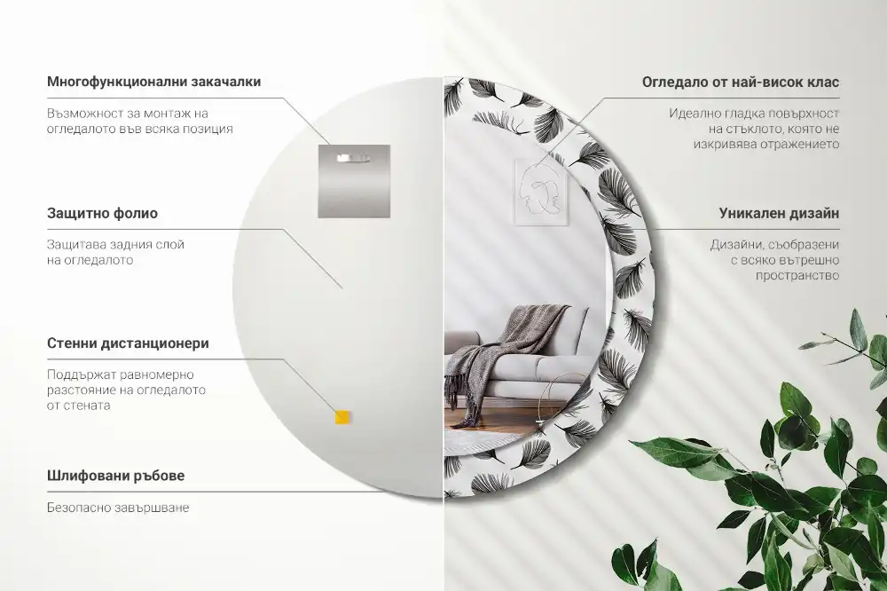 Rund spegel med tryckt ram fjädrar