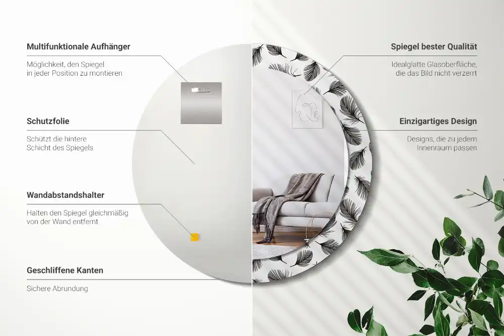 Rund spegel med tryckt ram fjädrar