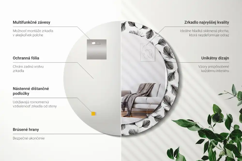 Rund spegel med tryckt ram fjädrar