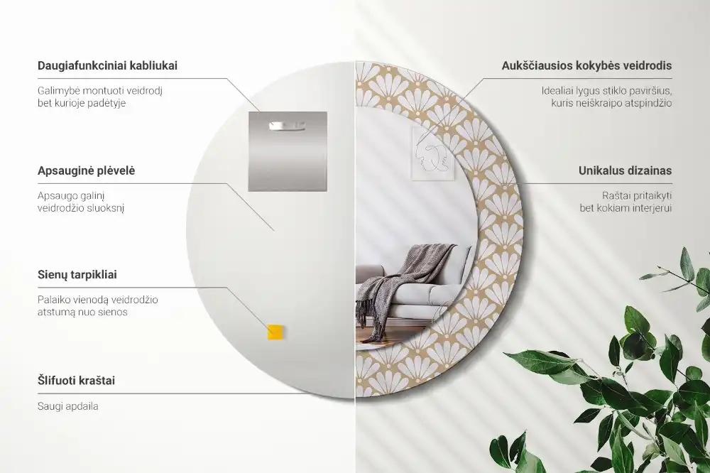 Rund spegel med tryckt ram Orientalisk blomma