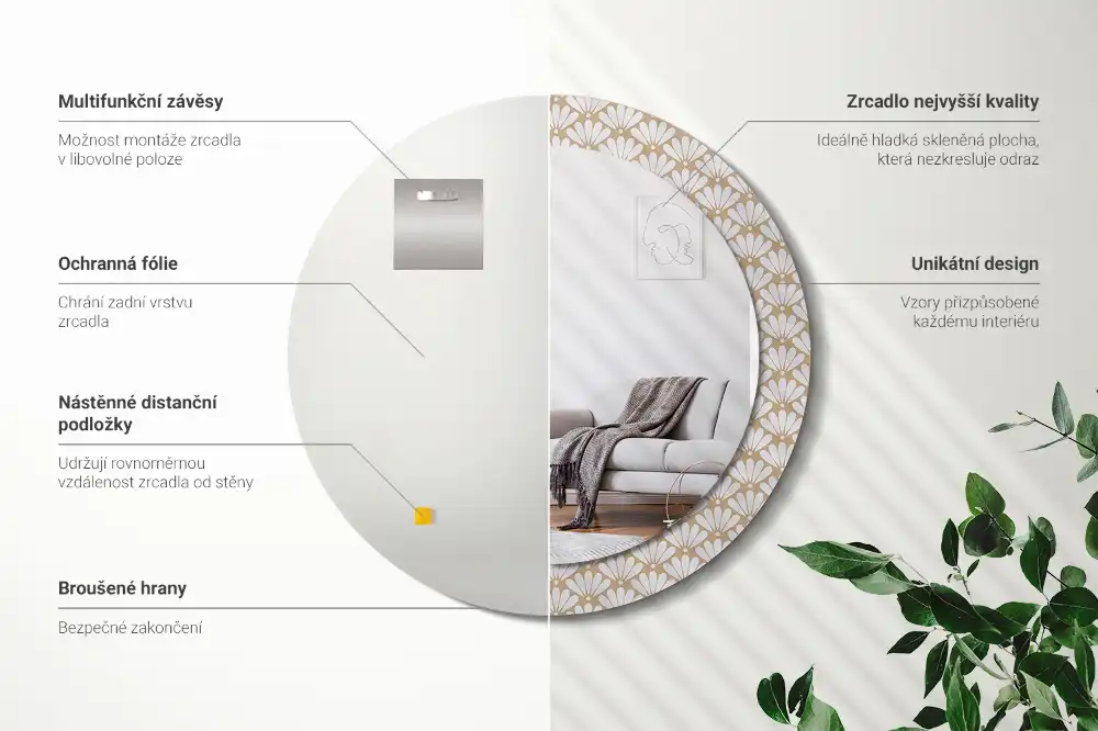 Rund spegel med tryckt ram Orientalisk blomma