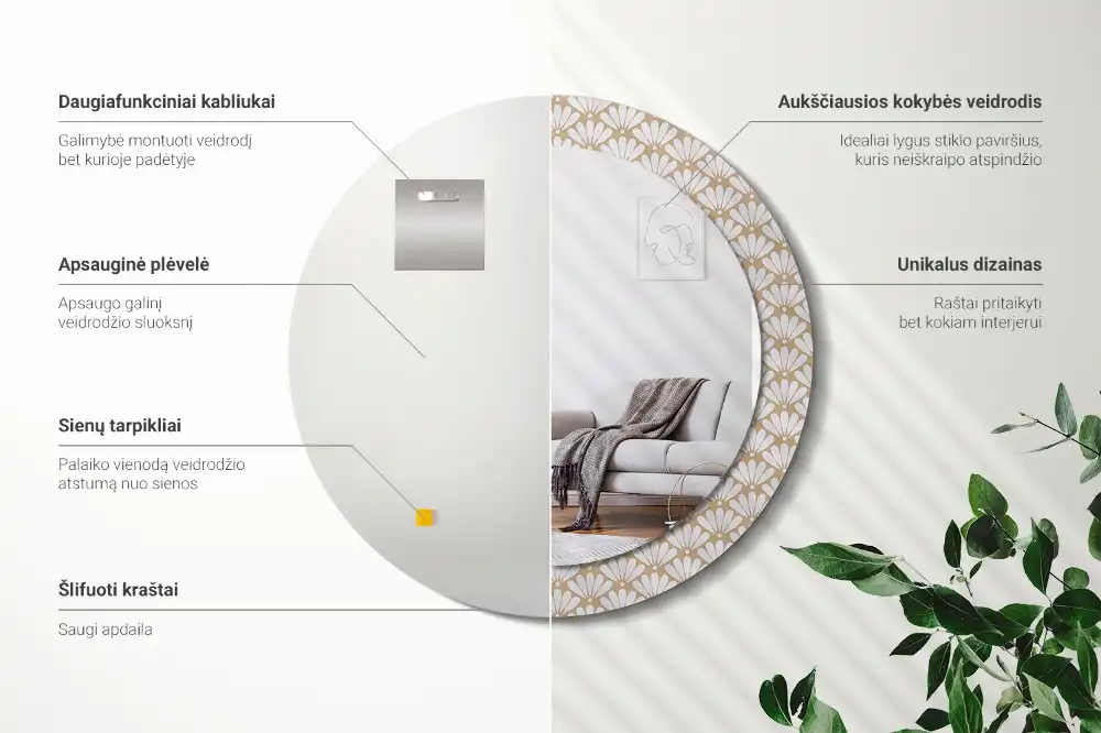 Rund spegel med tryckt ram Orientalisk blomma