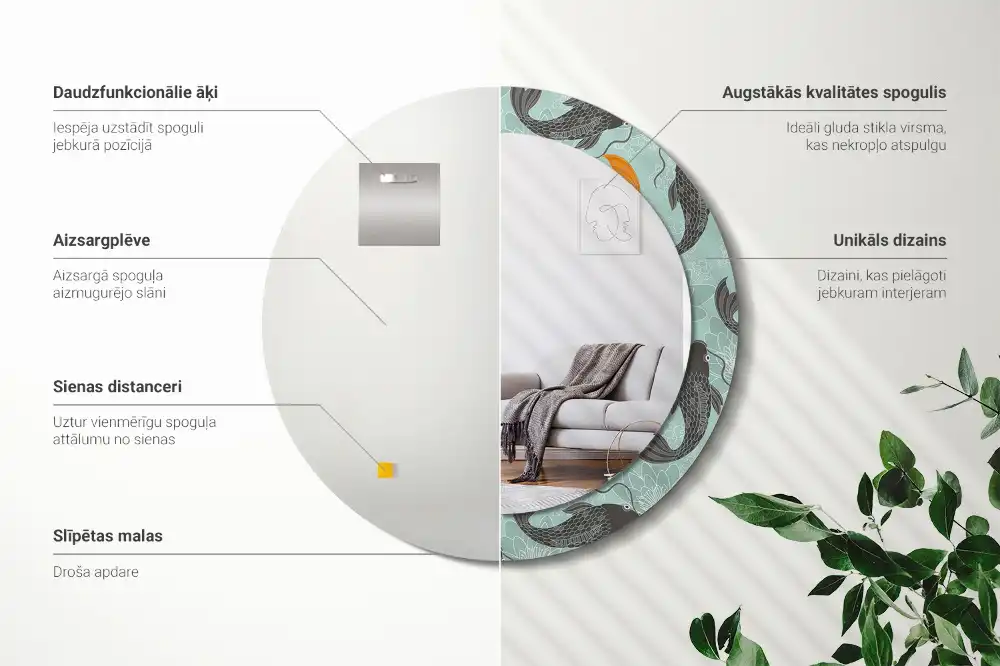 Rund spegel med tryckt Koi karp