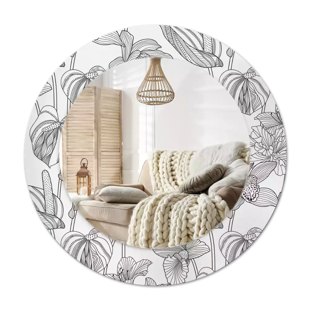 Rond spegel med tryckt ram Blommönster