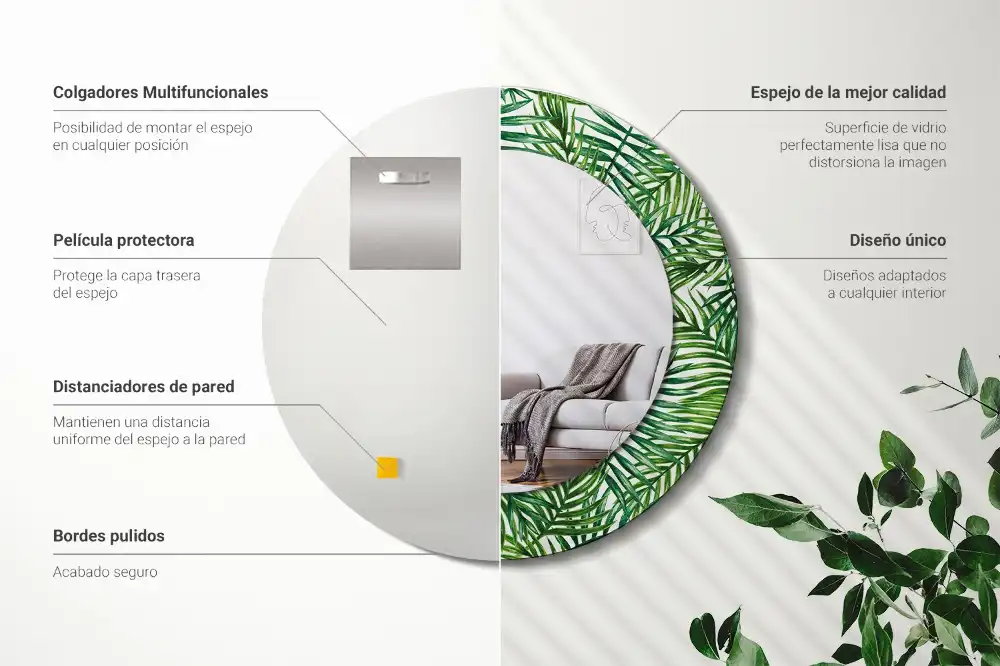 Rund spegel med tryckt Tropisk palm