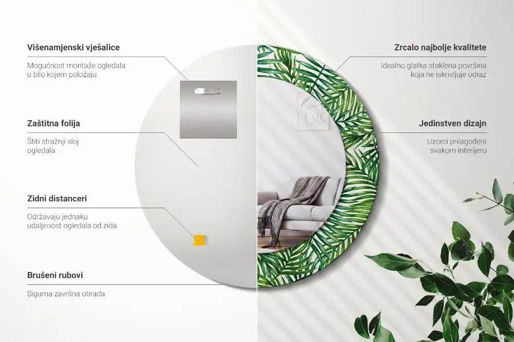 Rund spegel med tryckt Tropisk palm