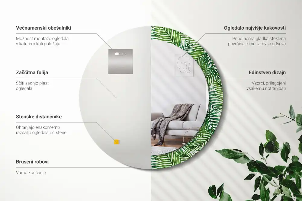 Rund spegel med tryckt Tropisk palm