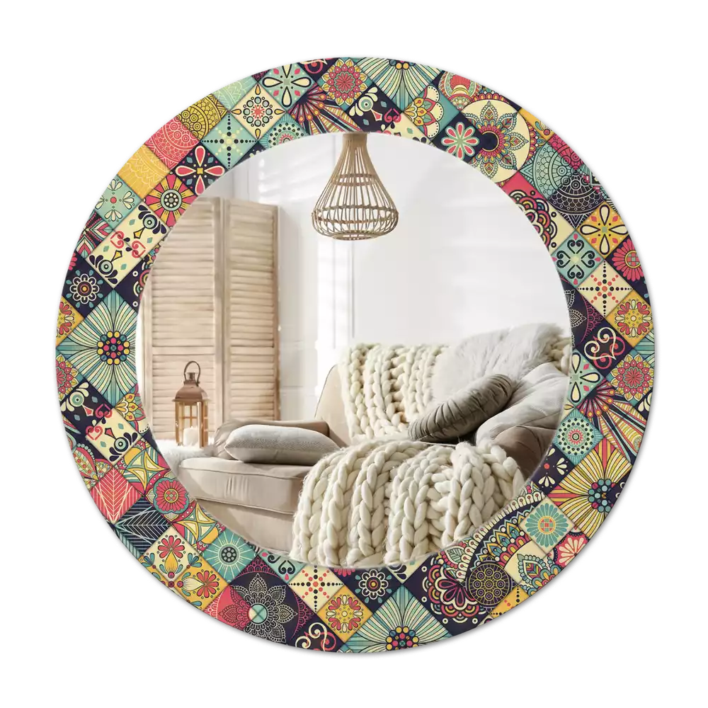 Rond spegel med tryckt ram Patchwork plattor