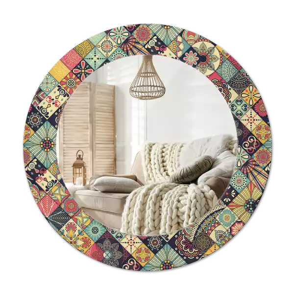 Rond spegel med tryckt ram Patchwork plattor