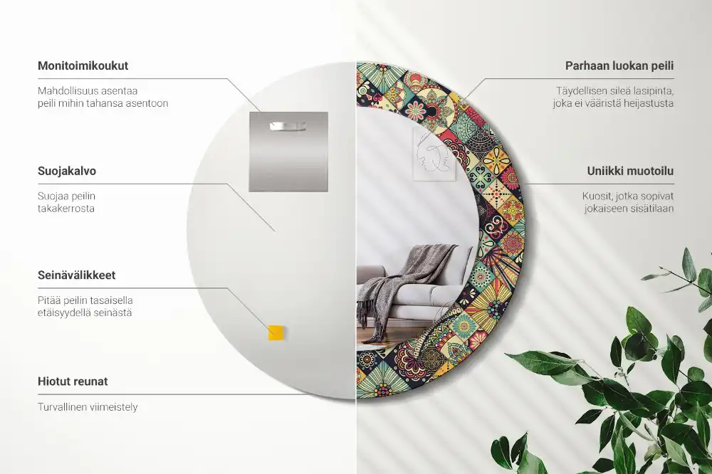 Rund spegel med tryckt ram Patchwork plattor