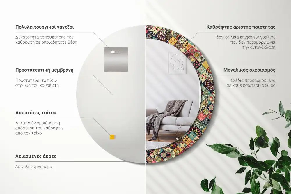 Rund spegel med tryckt ram Patchwork plattor