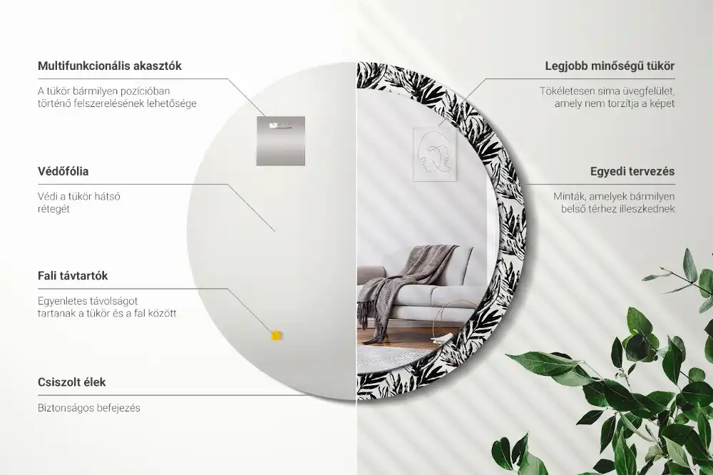 Rund spegel med tryckt ram Monstera