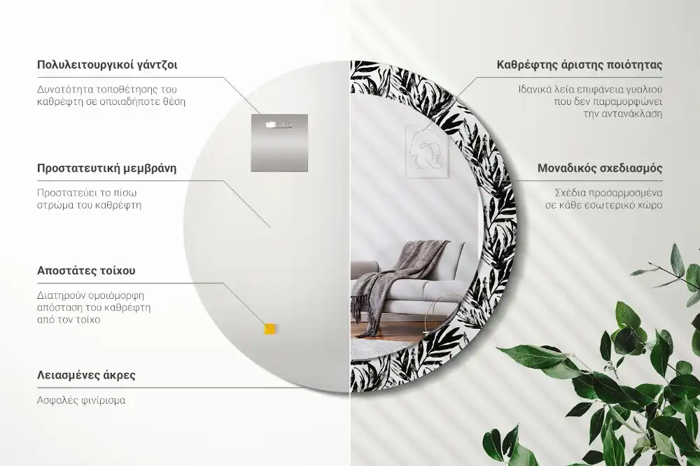 Rund spegel med tryckt ram Monstera