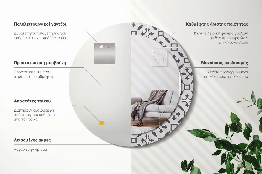 Rund spegel med tryckt ram Kakelmönster