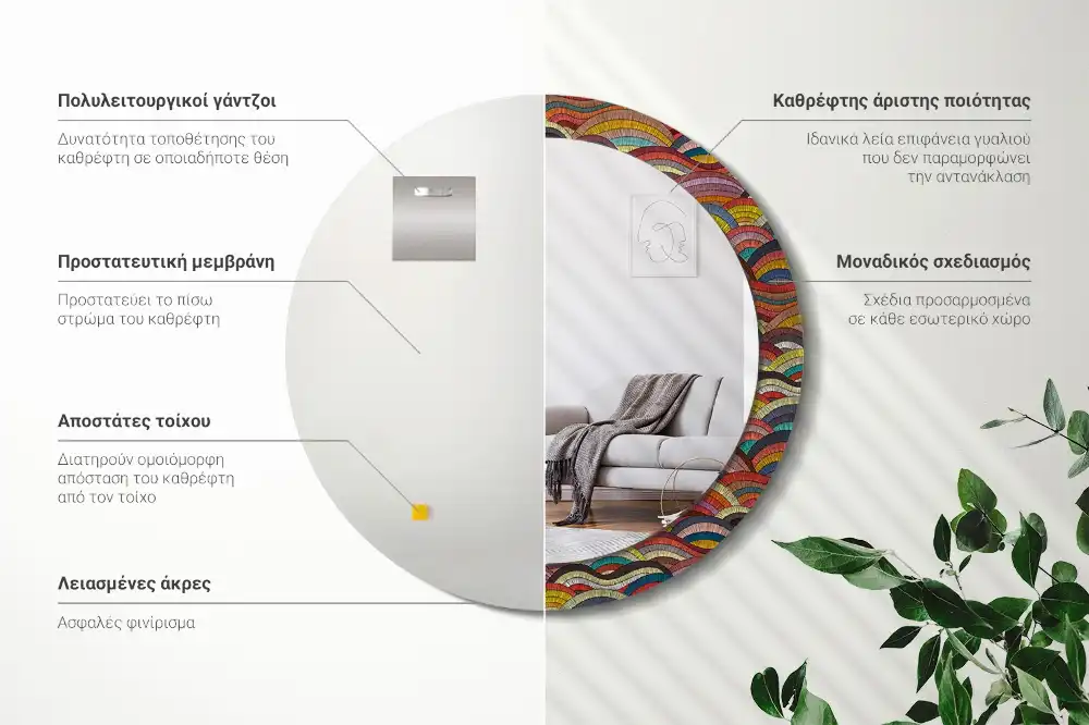 Rund spegel med tryckt Prydnad