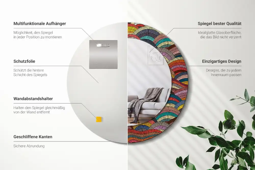 Rund spegel med tryckt Prydnad