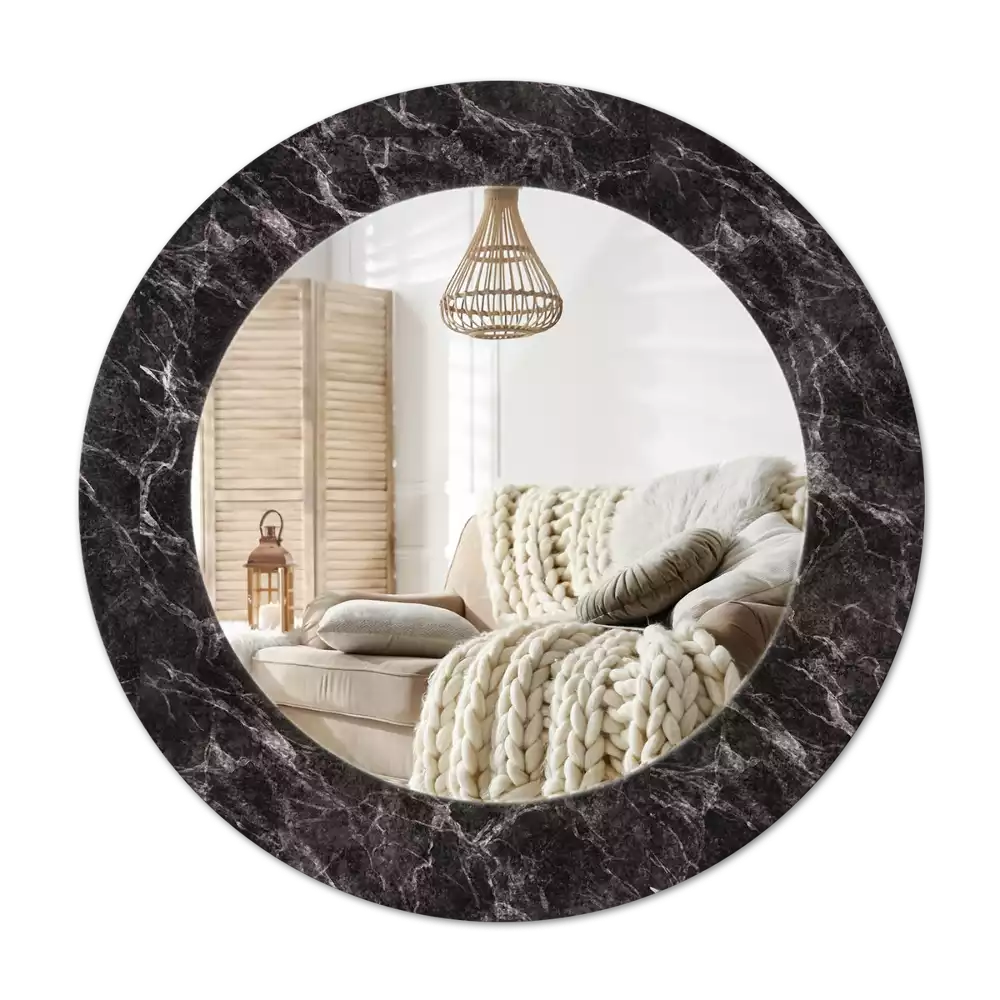 Rond spegel med tryckt ram Svart marmor