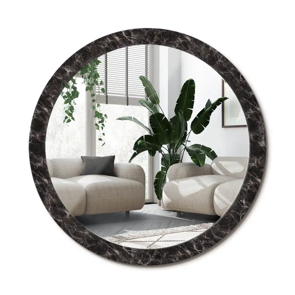 Rund spegel med tryckt ram Svart marmor