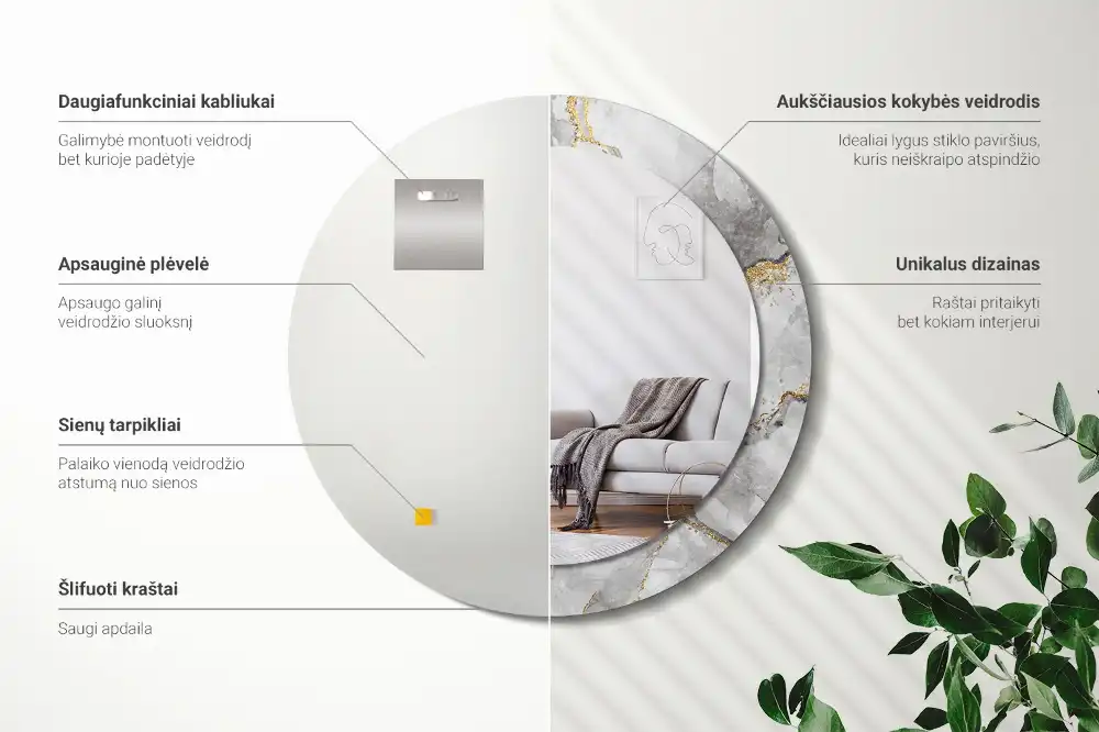 Rund spegel med tryckt ram Marmor mönster