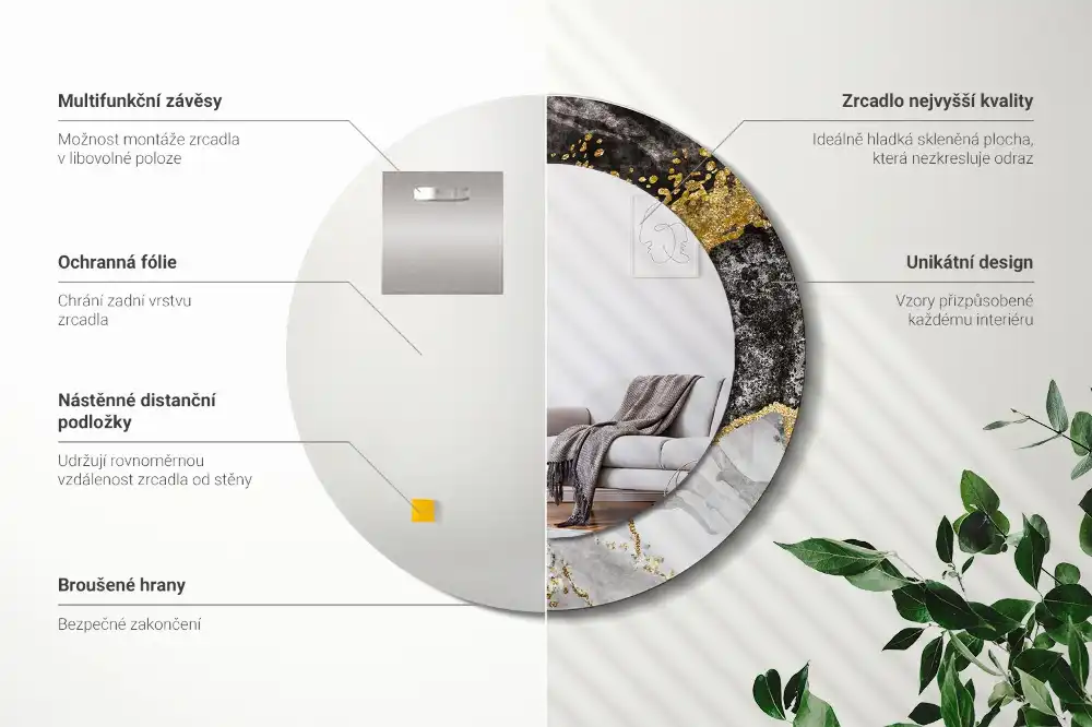 Rund spegel med tryckt Marmor loft