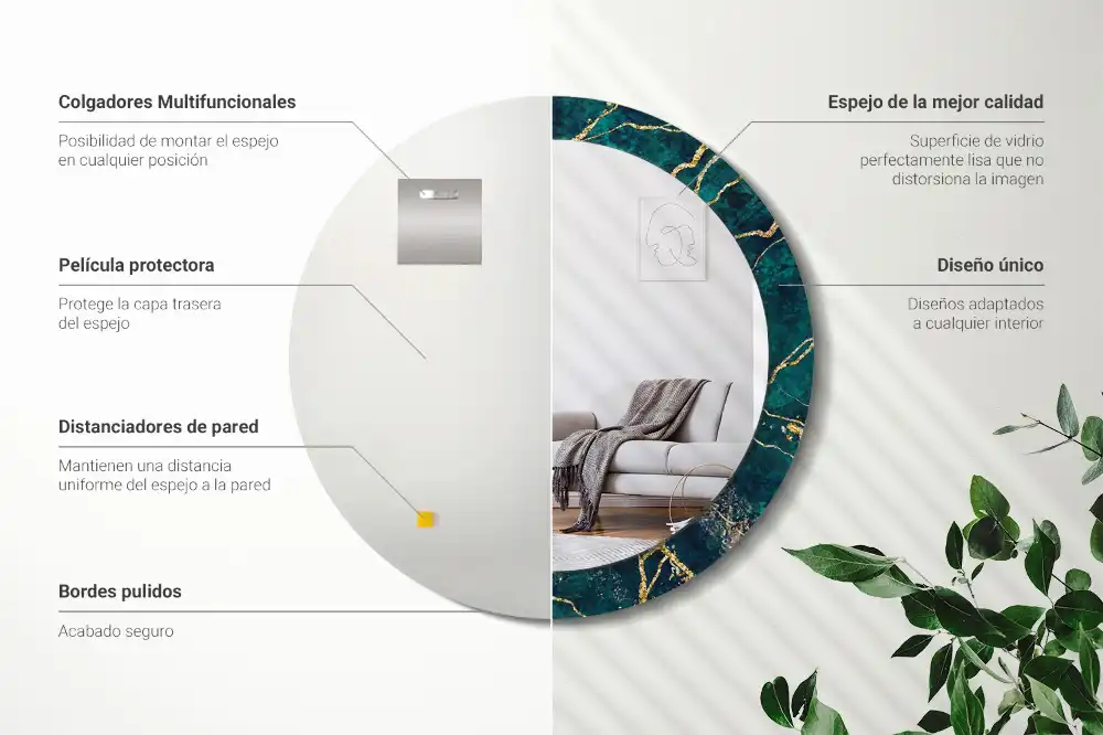 Rund spegel med tryckt ram Grön marmor