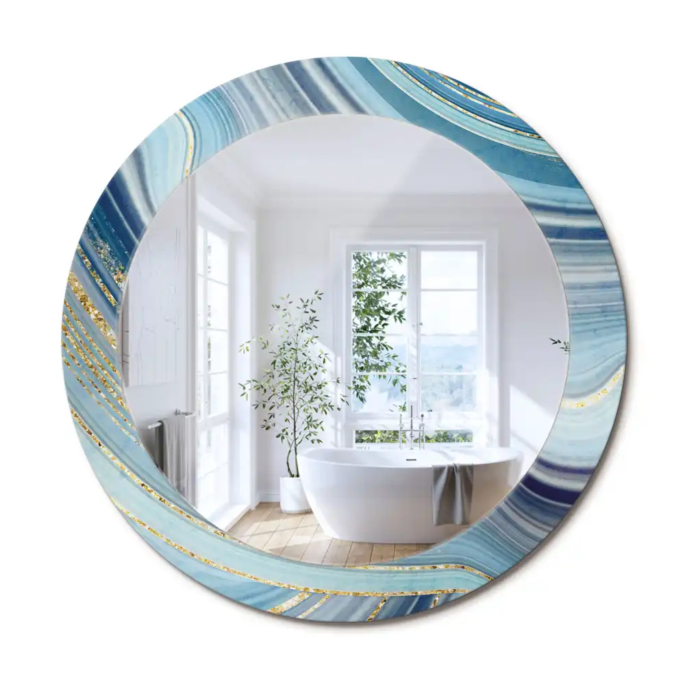 Rund spegel med tryckt ram Blå marmor