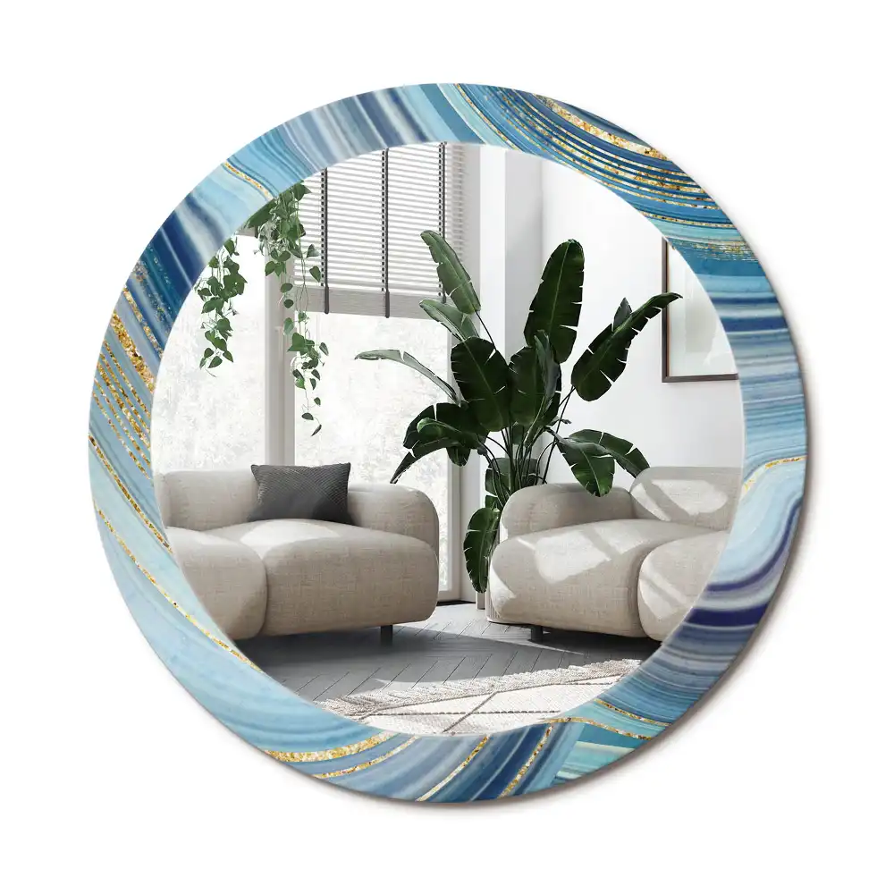 Rund spegel med tryckt ram Blå marmor