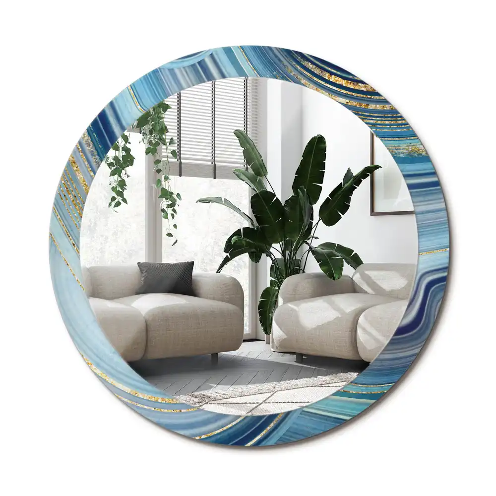 Rund spegel med tryckt ram Blå marmor