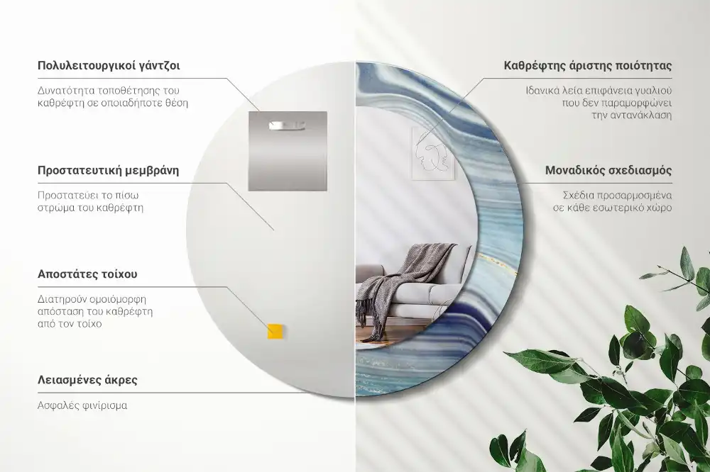 Rund spegel med tryckt ram Blå marmor