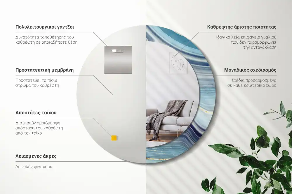 Rund spegel med tryckt ram Blå marmor