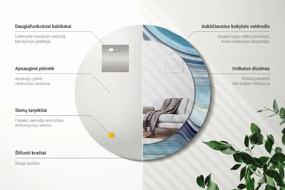 Rund spegel med tryckt ram Blå marmor