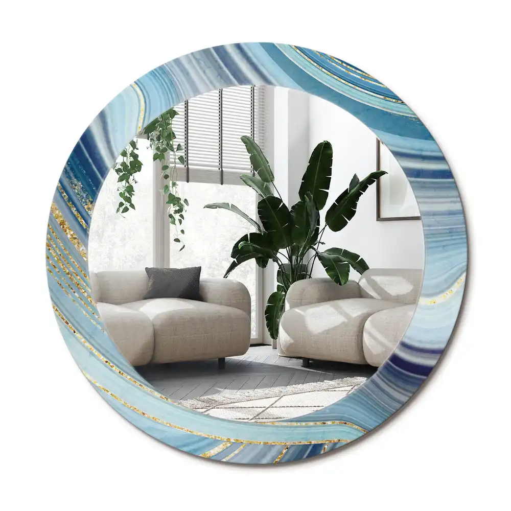 Rund spegel med tryckt ram Blå marmor