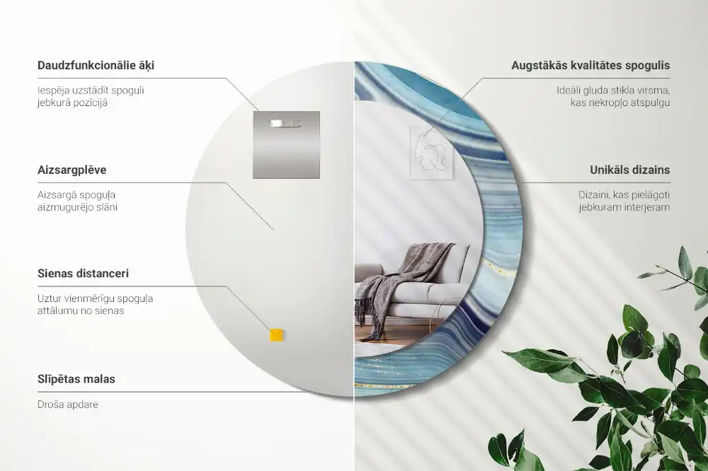 Rund spegel med tryckt ram Blå marmor