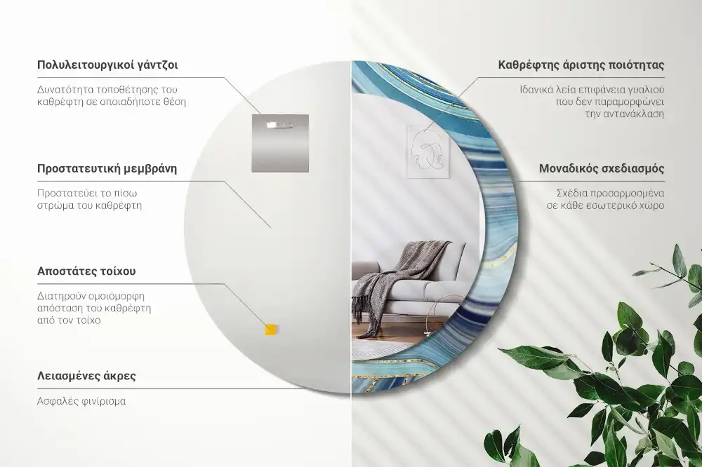 Rund spegel med tryckt ram Blå marmor