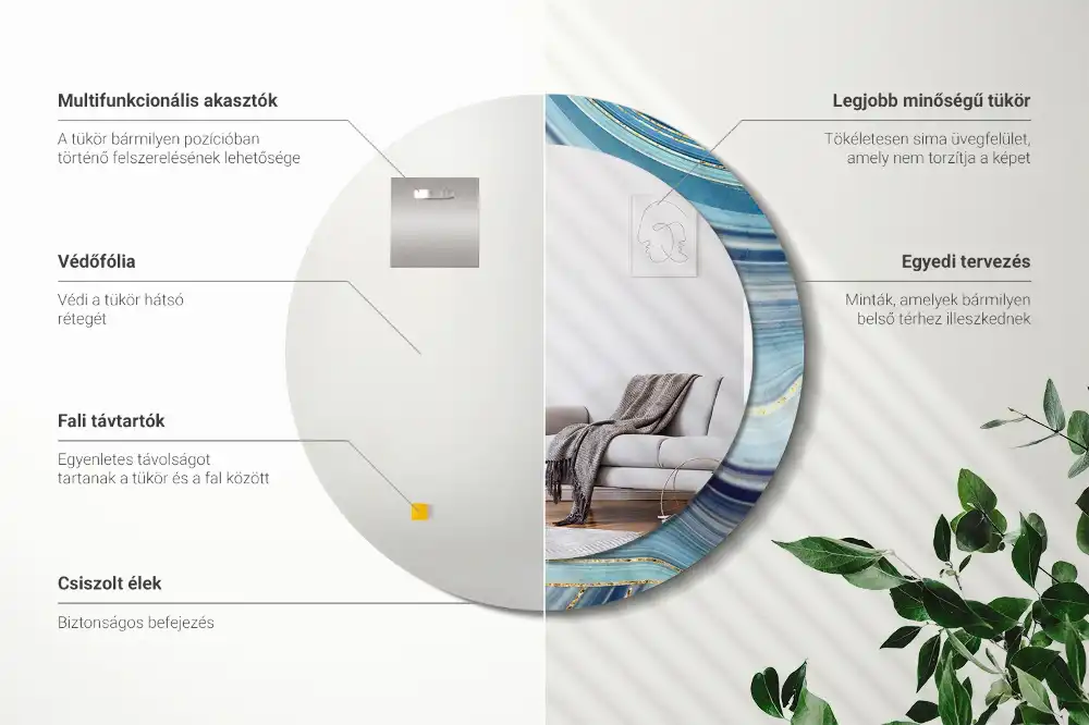 Rund spegel med tryckt ram Blå marmor