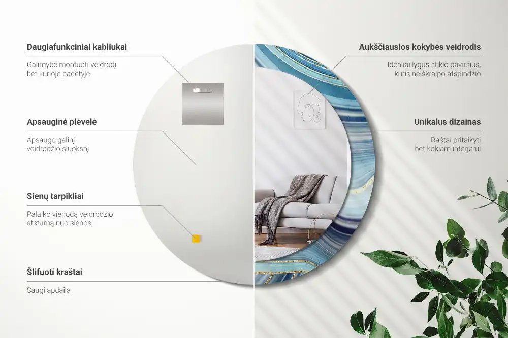 Rund spegel med tryckt ram Blå marmor